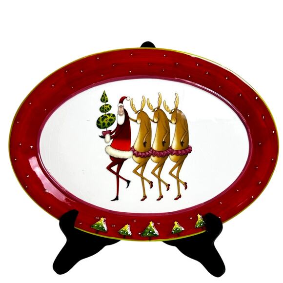 Raz Dancing Santa and Reindeers Wearing Tutus Whimsical Oval Serving Platter - Picture 1 of 5